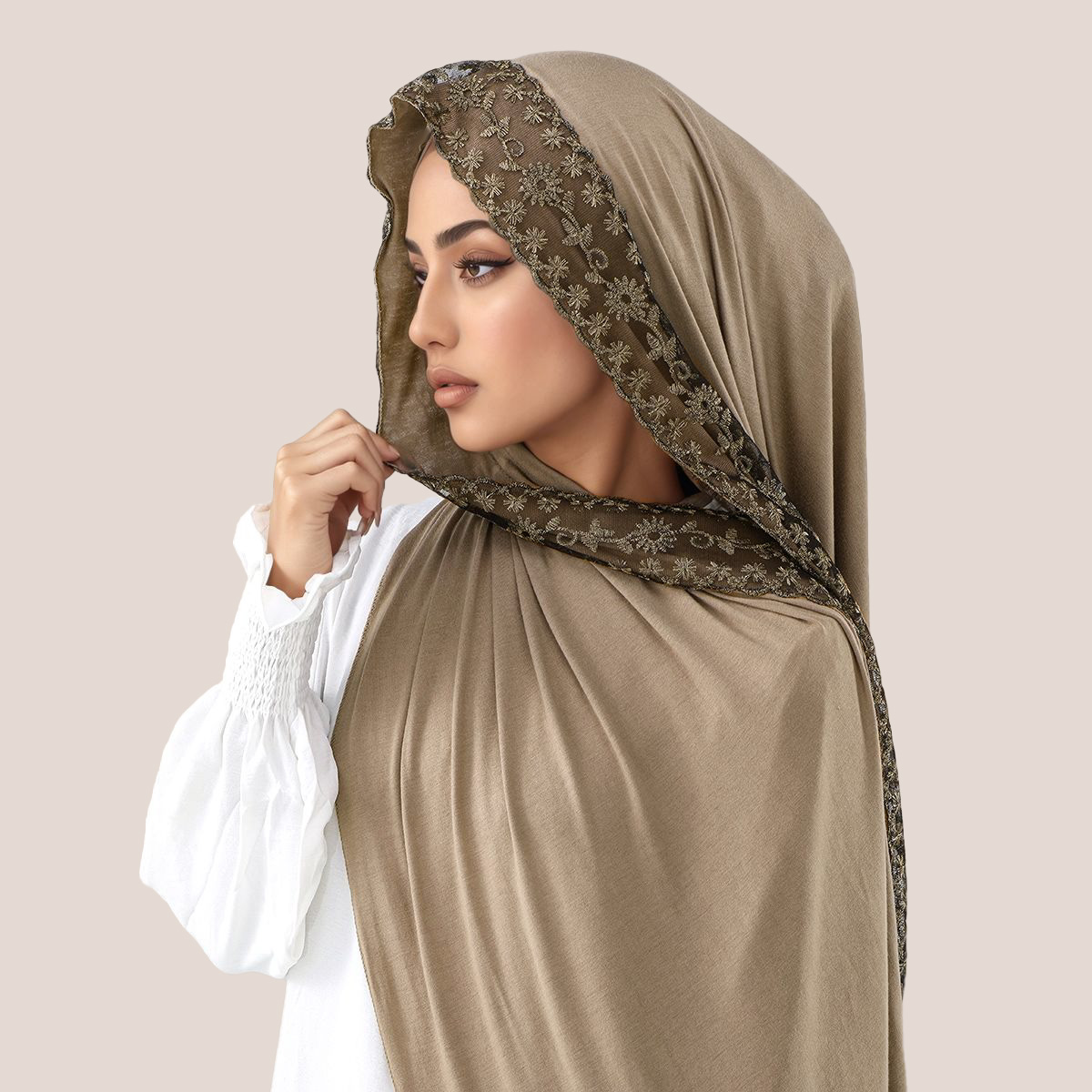 Women'S Fashion Jersey - Lace Embroidery Cotton Jersey Muslim Hijab