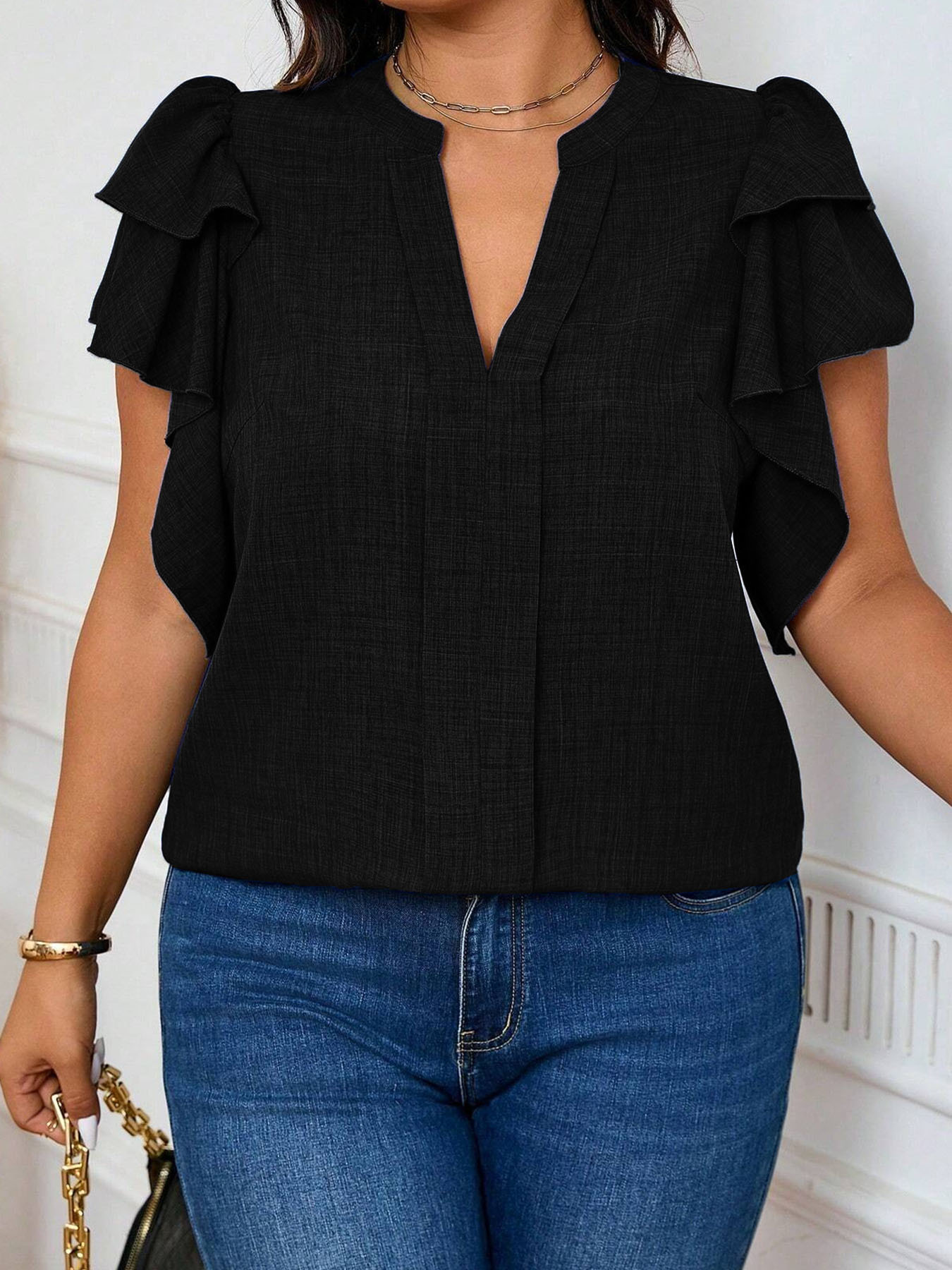 Women'S Fashion Jersey - Women's Plus-Size Elegant Tiered-Sleeve V-Neck Blouse