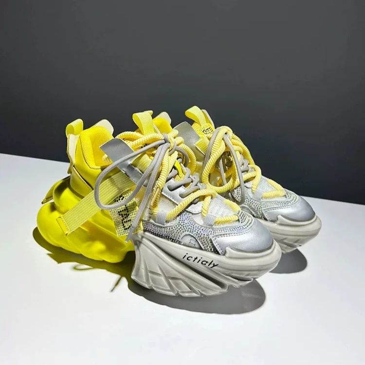 Women'S Yellow Fashion Sneakers - Women High Heels Platform Shoes Crystal